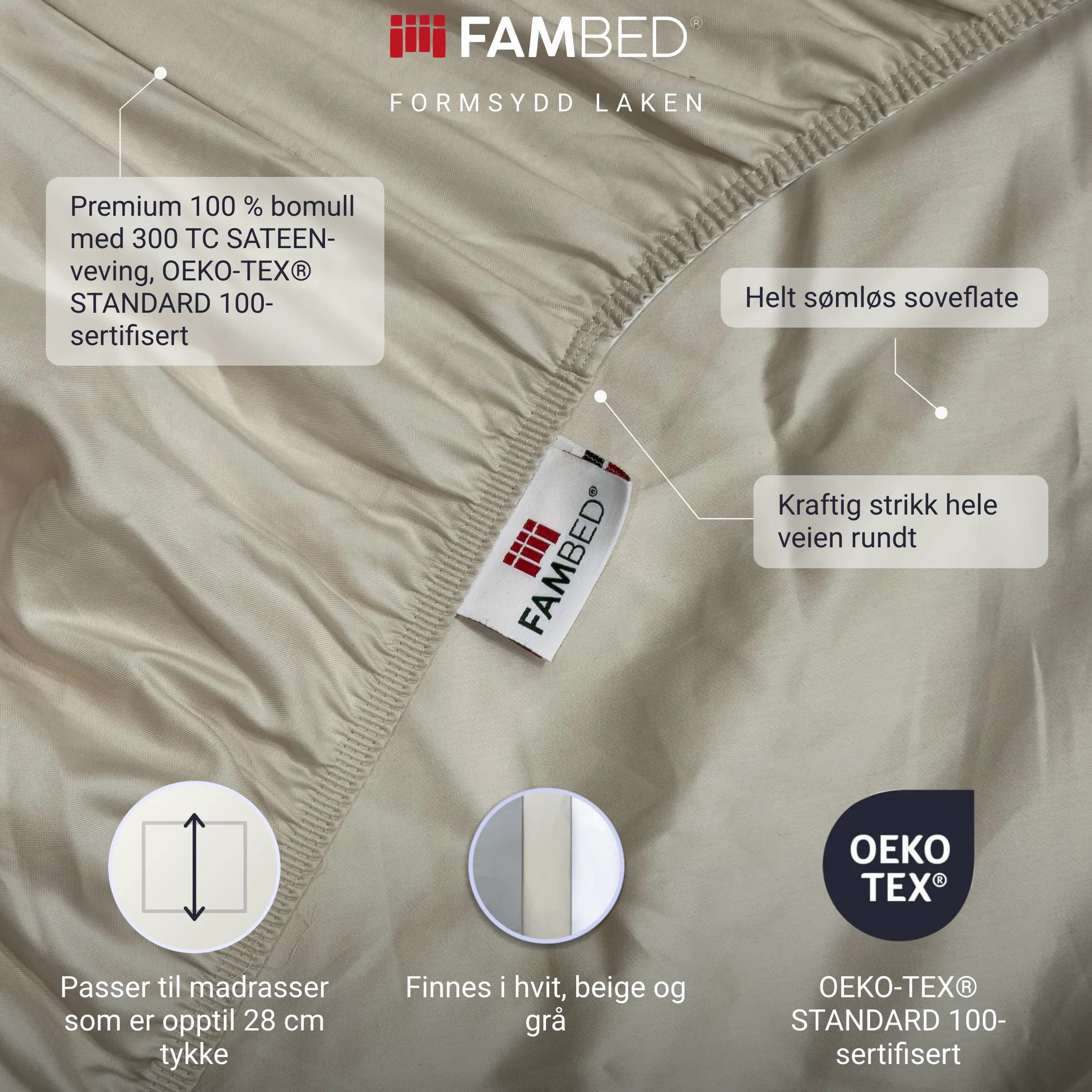 Infografikk: beige formsydd FAMBED-laken med punkter om 300 TC SATEEN-veving i OEKO-TEX® STANDARD 100-sertifisert bomull, soveflate uten sømmer og sterk elastisk kant