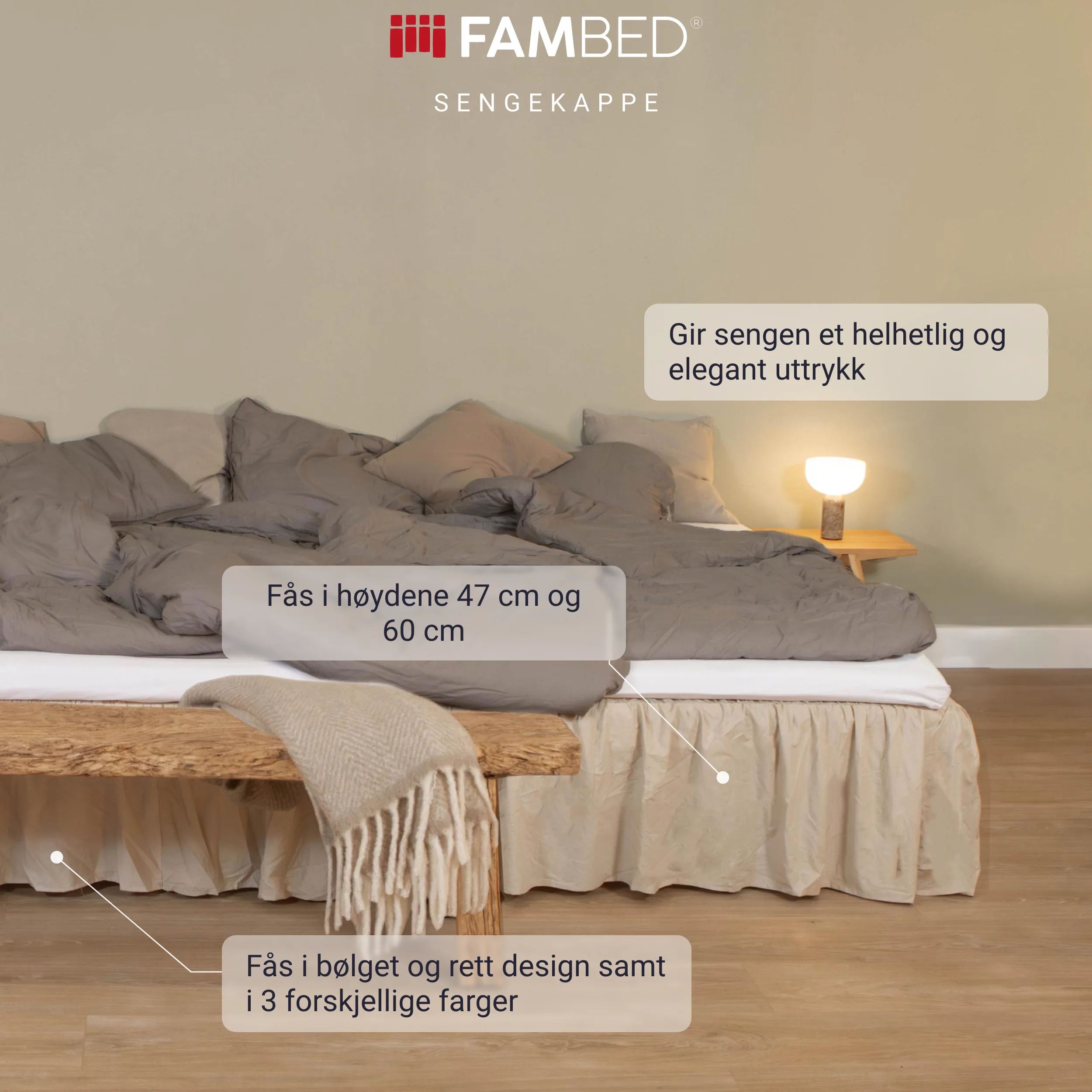 Familieseng med beige sengekappe som dekker sengebunnen og plassen under sengen