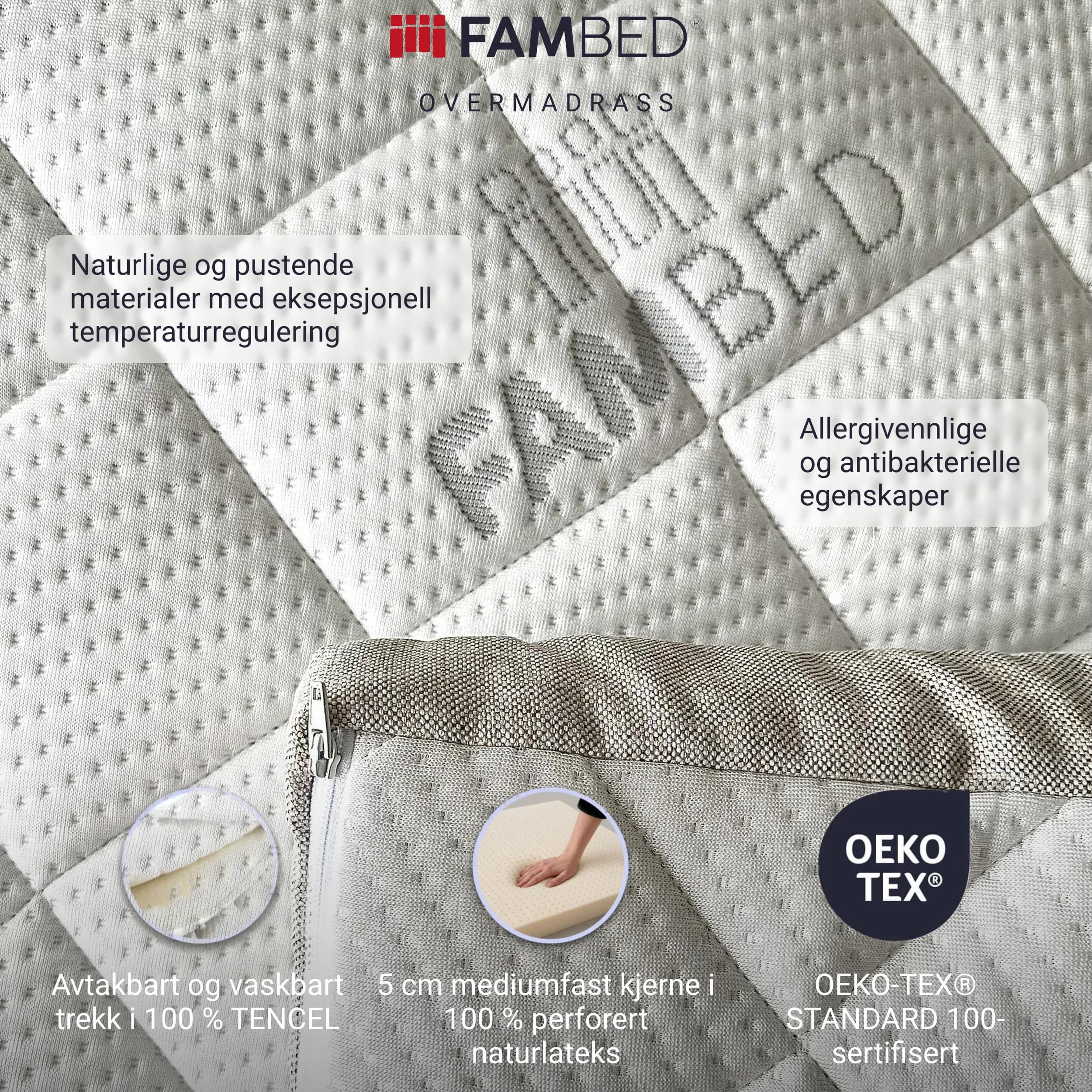 Infografikk: quiltet, avtakbart og vaskbart TENCEL™-trekk med OEKO-TEX® STANDARD 100-sertifisering
