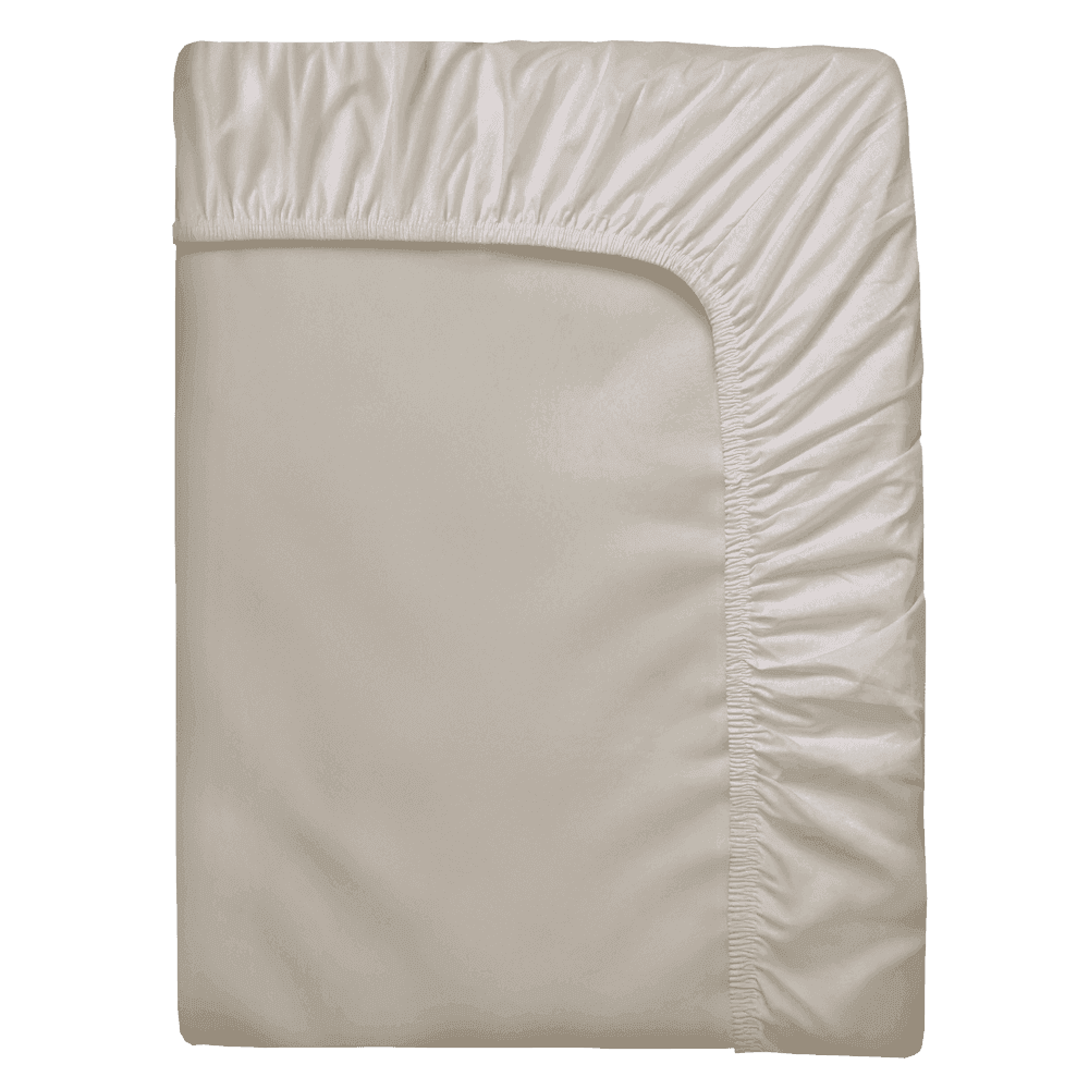 Sammenbrettet beige formsydd laken med elastisk kant hele veien rundt