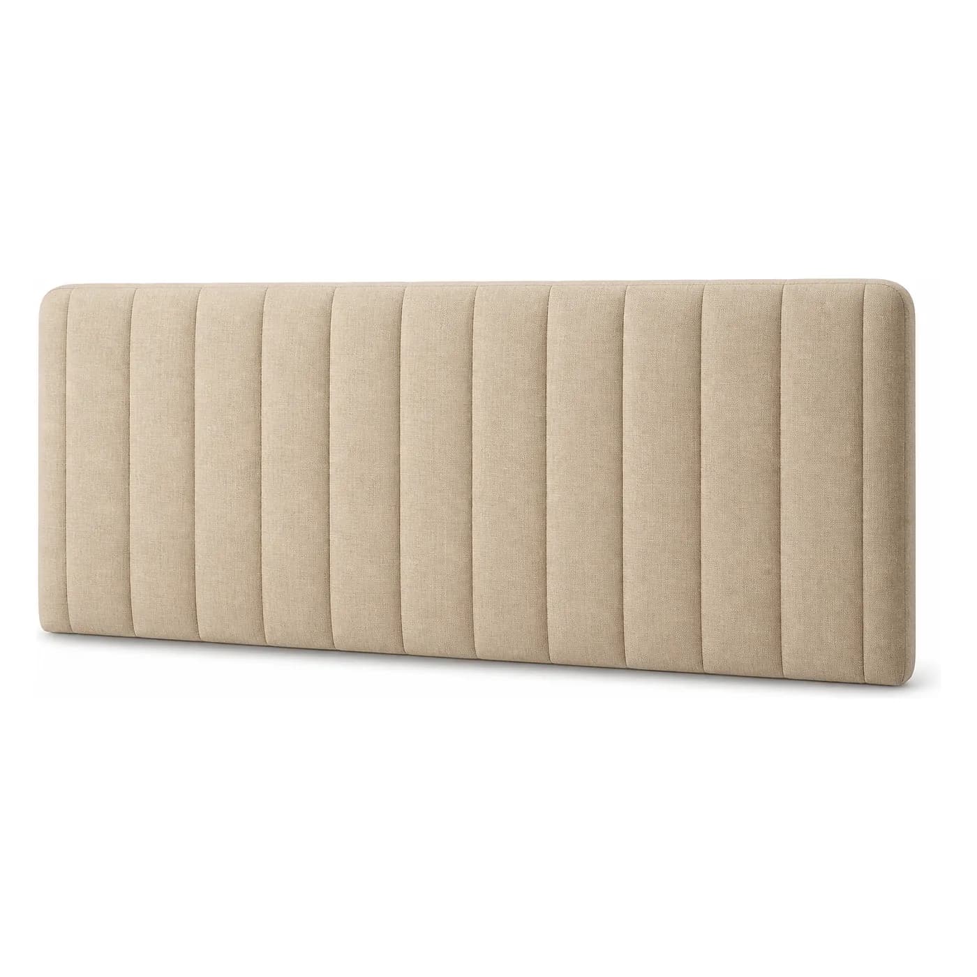 Beige, helpolstret FamBed-sengegavl med loddrette polstringsfelt.