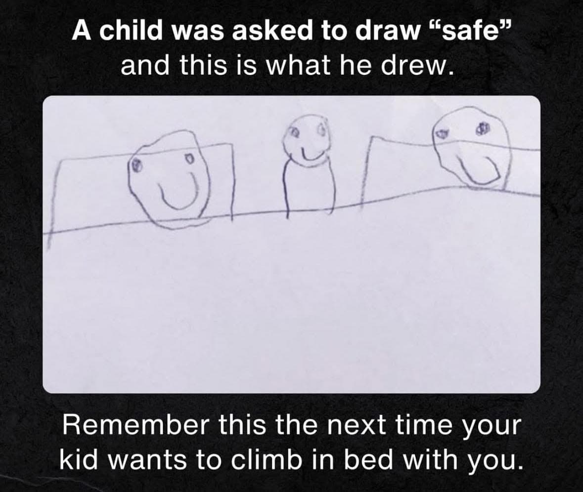 Et barns tegning av tre smilende figurer i en seng, vist sammen med en engelsk tekst om at barnet ble bedt om å tegne ordet «safe»