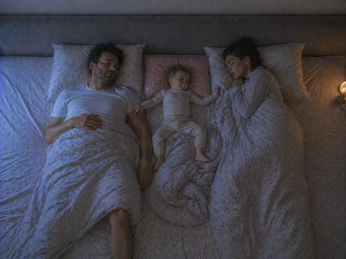 En familie på tre sover side om side i familiesengen, sett ovenfra